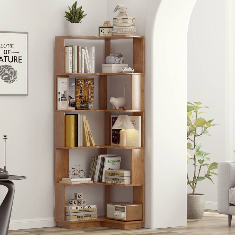 6-Tier L-Shaped Corner Bookshelf, Freestanding Wooden Bookcase with Anti-Drop Panel & Anti-Tip Device