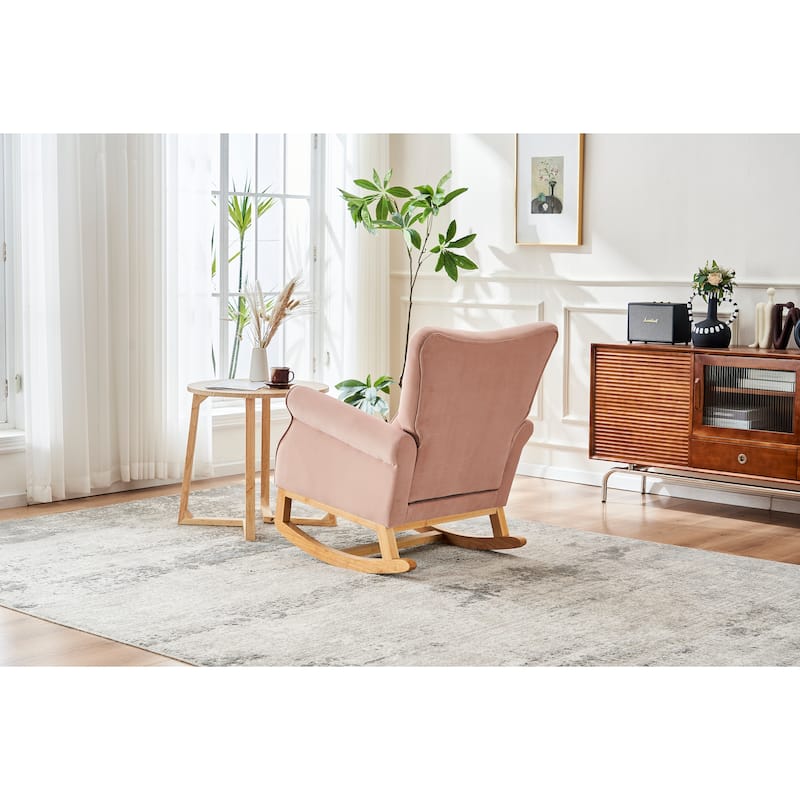 Velvet Upholstered Glider Rocking Chair, Glider Rocking Chair with Fabric Seat, High Back Armchair with Wood Base
