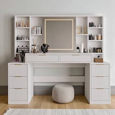59" Makeup Vanity Desk with Mirror & Lights, Large Dressing Table with 8 Drawers, Open Shelves & Adjustable LED for Bedroom