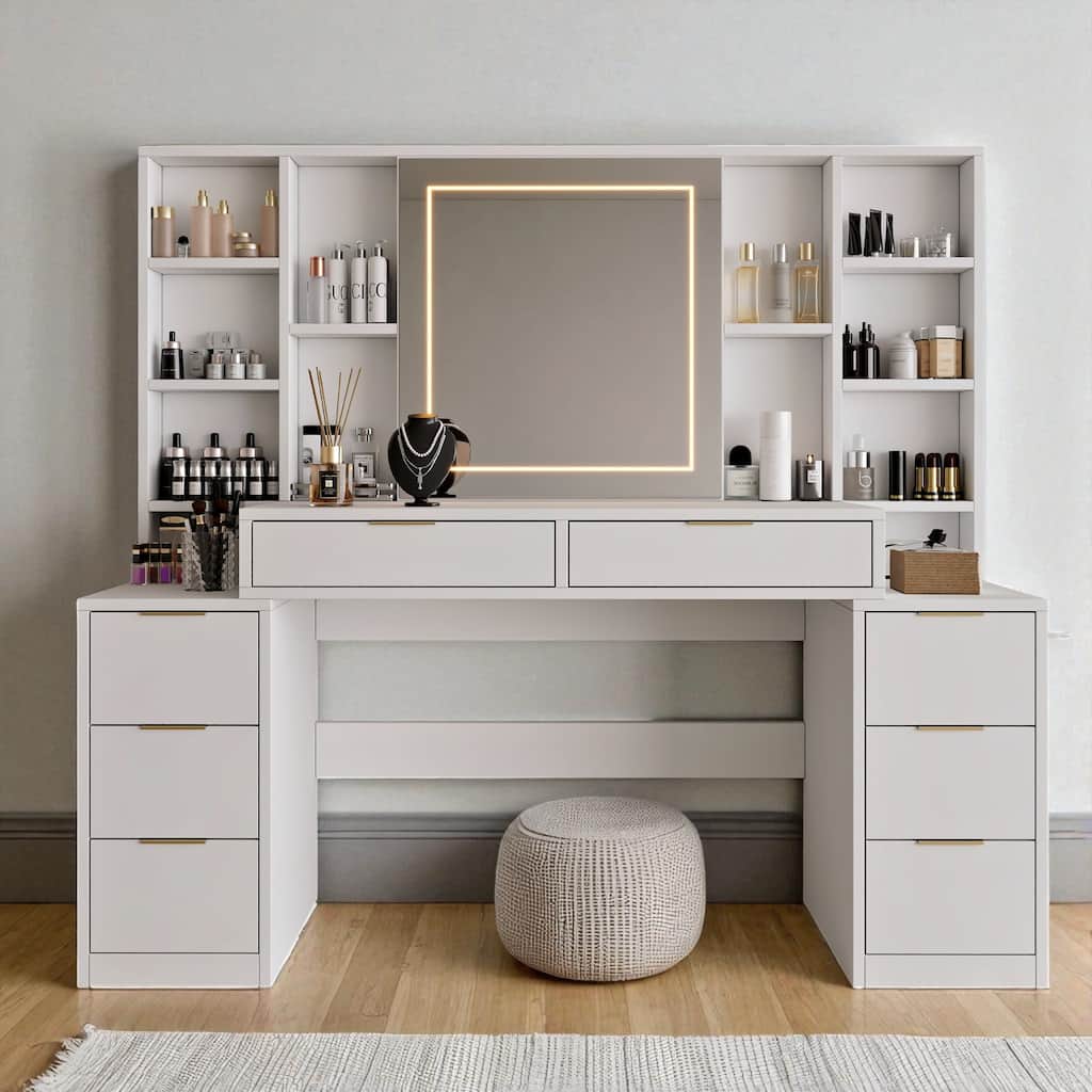 59" Makeup Vanity Desk with Mirror & Lights, Large Dressing Table with 8 Drawers, Open Shelves & Adjustable LED for Bedroom
