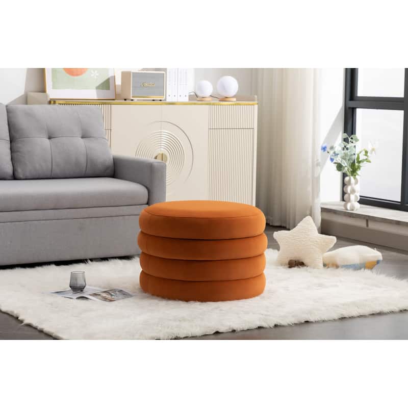 Velvet Round Ottoman with Storage, Footstool with Wooden Shelving, Multifunctional Round Vanity Stool for Makeup