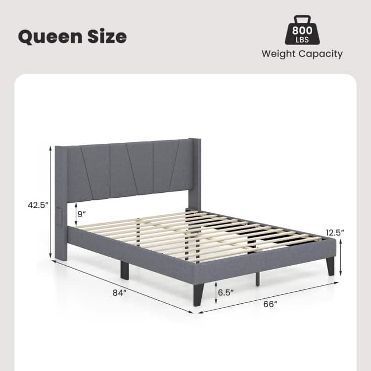 Bed Frame with Wingback Headboard and Wood Slat Support
