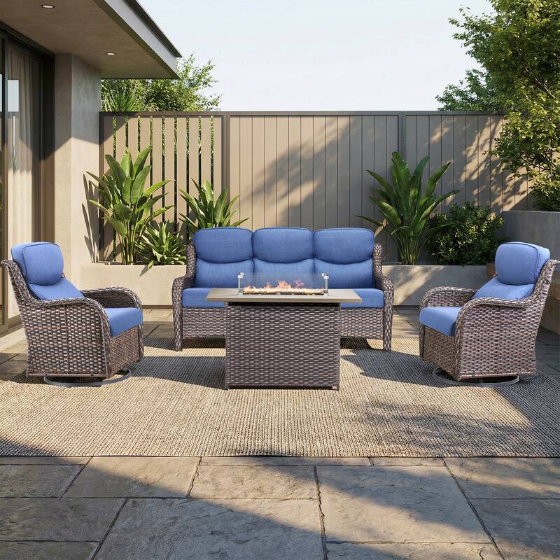 Pocassy Outdoor Fire Pit Sofa Swivel Chairs Conversation Set - Brown Wicker Blue Cushion - 4-Piece Sofa Swivel Chair w/ Fie Pit Table