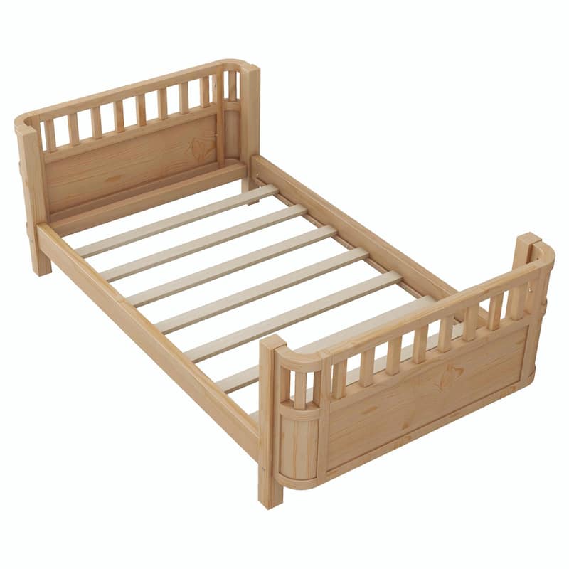 Wood Platform Bed for Kids, Low Profile Wooden Full Bed with Rails