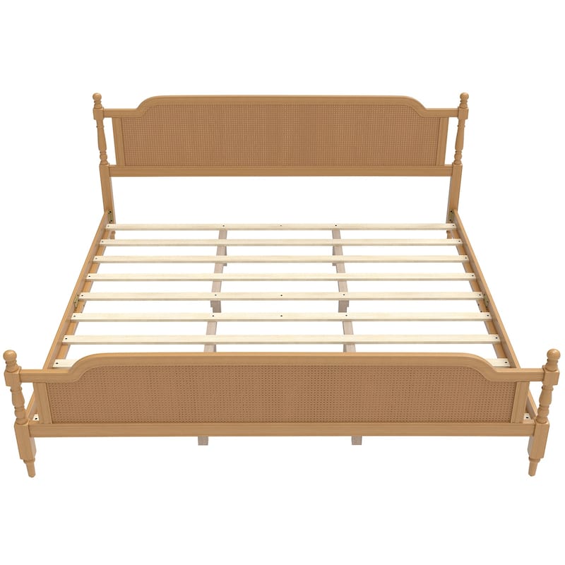 Rattan Platform Bed Frame with Handwoven Rattan Headboard and Footboard, No Box Spring Needed Solid Pine Wood Bed Frame