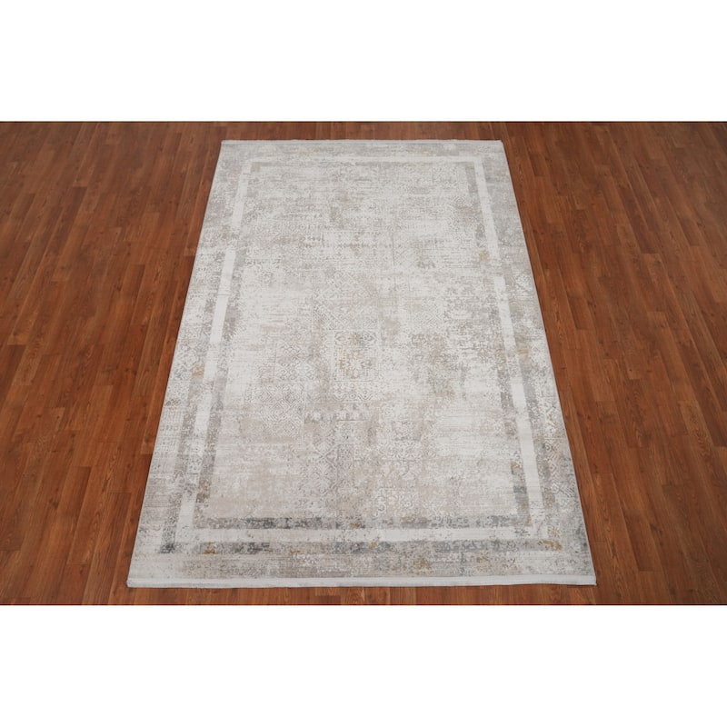 Machine Made Oriental Polyester Carpet Geometric Beige & Ivories Distressed Area Rug - 7' 5'' X 5' 2''