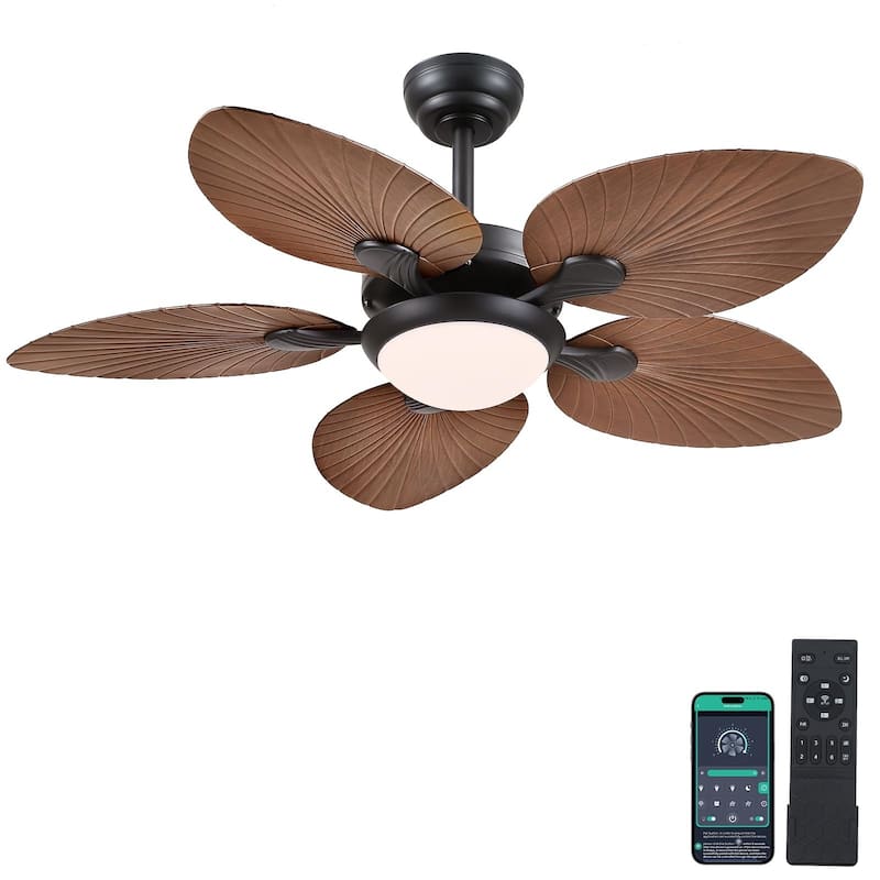 44"/52" Palm Leaf Tropical Ceiling Fan with Light,Indoor and Outdoor Ceiling Fan,Waterproof - 44"-Light Brown