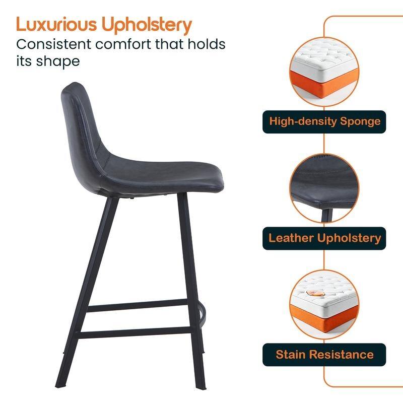 Elland Modern Minimalist Leather Upholstered Bar Stool with Accent Black Metal Base and Back Support for Home Bar or Kitchen