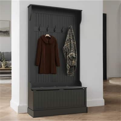 38" 3-In-1 Coat Rack with Storage Bench,Four Hooks and Shoe Storage