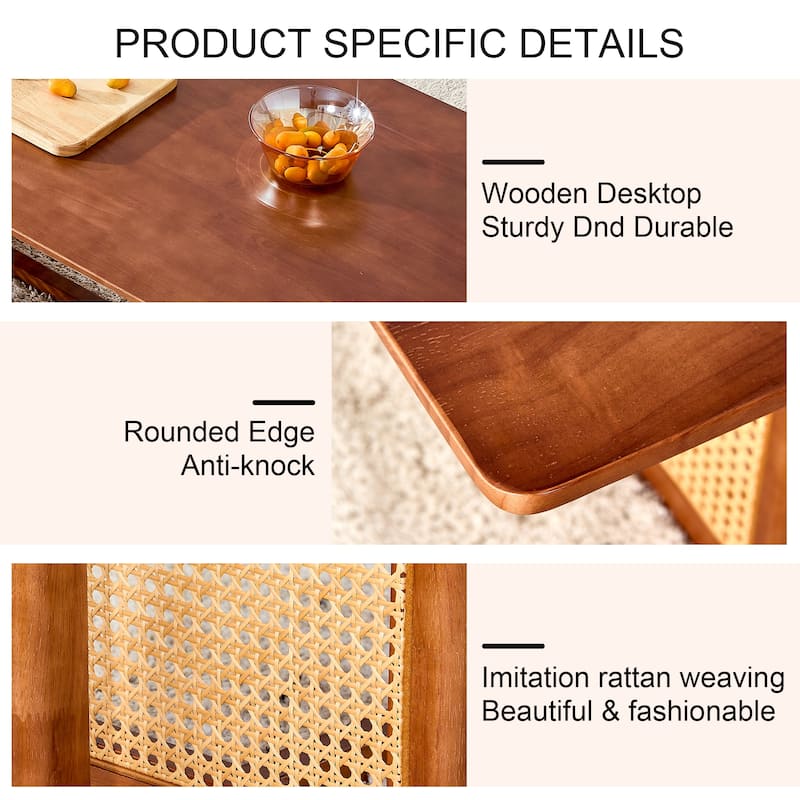 Chinese-Style Log Wind Rectangular Tea Table – Solid Wood Coffee Table with Woven Rattan Design for Compact Living Rooms