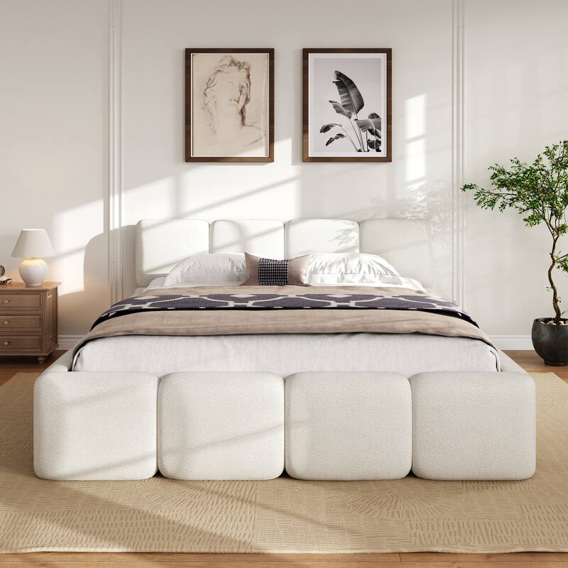 Block Bread-shape Grounded Bed Boucle Upholstery Platform Bed