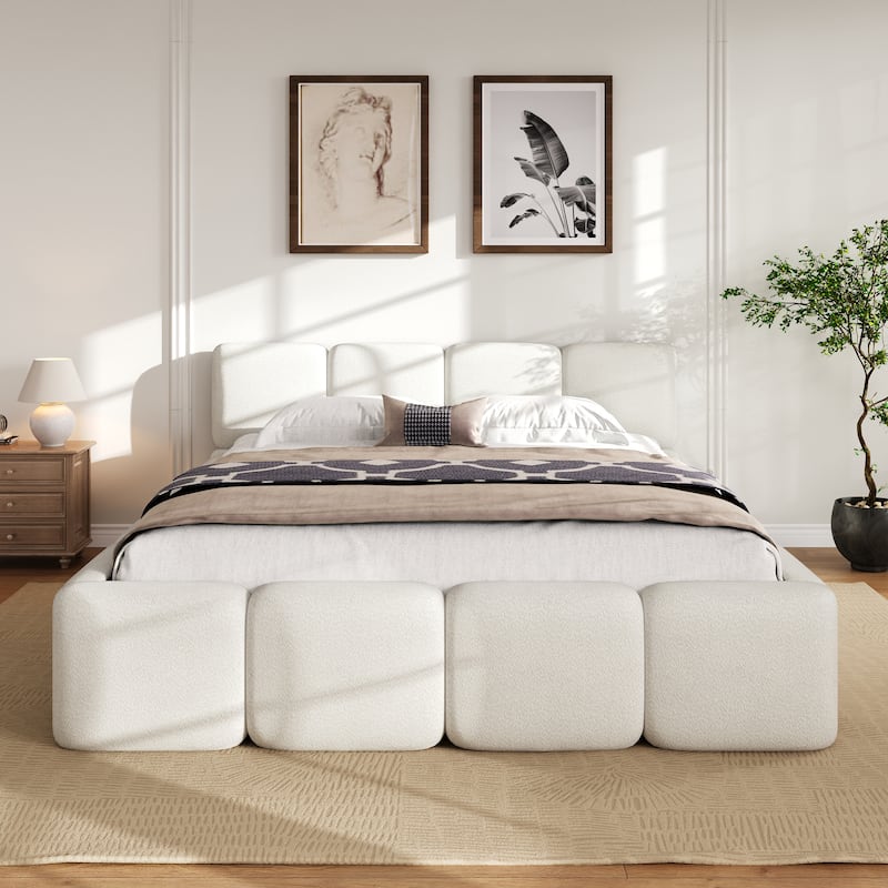 White Block Upholstered Frame Grounded Bed with Boucle Thick Headboard Footboard Platform Bed, Lowprofile Wingback Bed Floor Bed