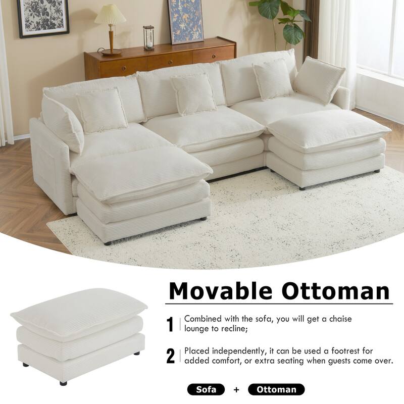 112.6" Corduroy Modular Sectional Sofa with Ottoman and Storage Pockets
