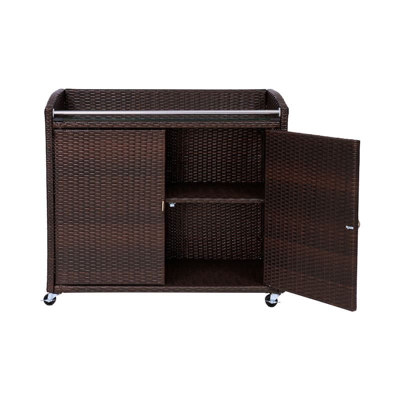 Teamson Home Outdoor Rattan Bar Serving Cart with Locking Caster Wheels, Glass Top, Large Patio Storage for Deck and Patio Use