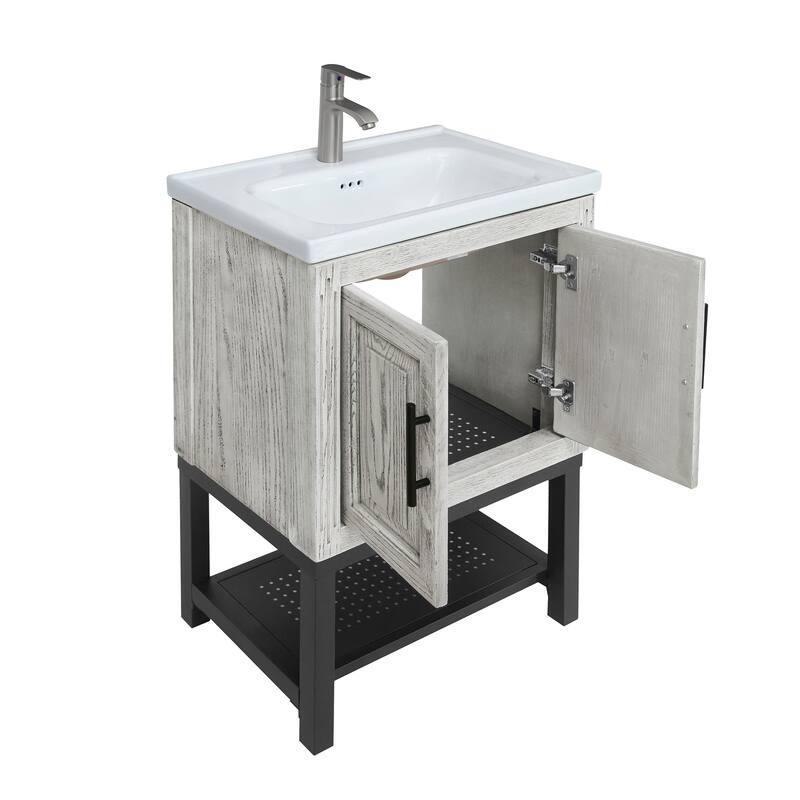 GDFStudio - CompactLine Modern Freestanding Bathroom Vanity with Ceramic Sink and Open Shelf - 24 Inch