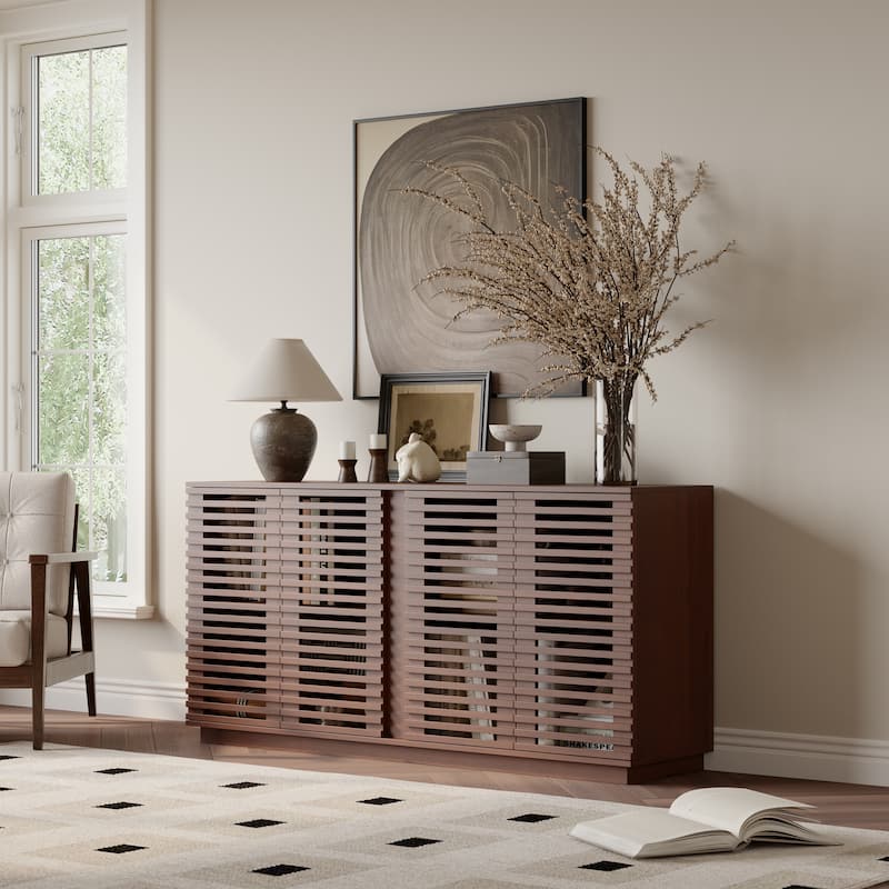 Buffet Sideboard With Solid Wood Doors, Storage Dining Room Cabinet, 59.92"w x 15.75"d x 29.53"h - Oak
