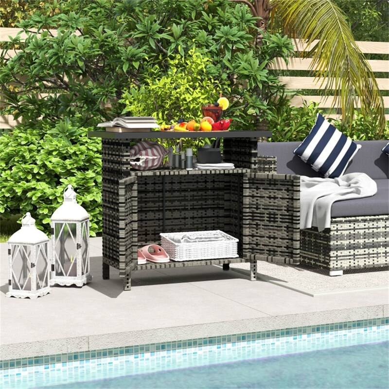 Outdoor Shoe Cabinet with PE Wicker Doors and Metal Tabletop - 35.4" L x 20.9" W x 33.5" H