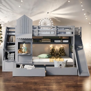 Twin-Over-Twin Castle Style Bunk Bed with 2 Drawers 3 Shelves and Slide