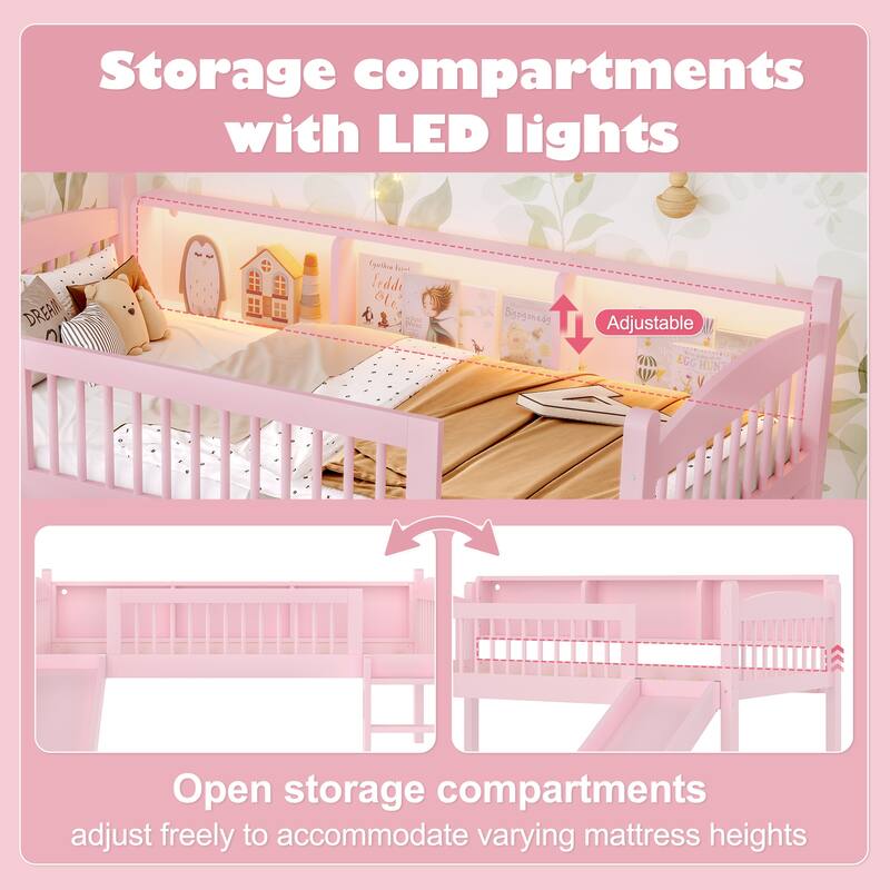 Roomfitters Twin XL Low Loft Bed with Storage Shelves and LED Lights, Solid Wood Frame