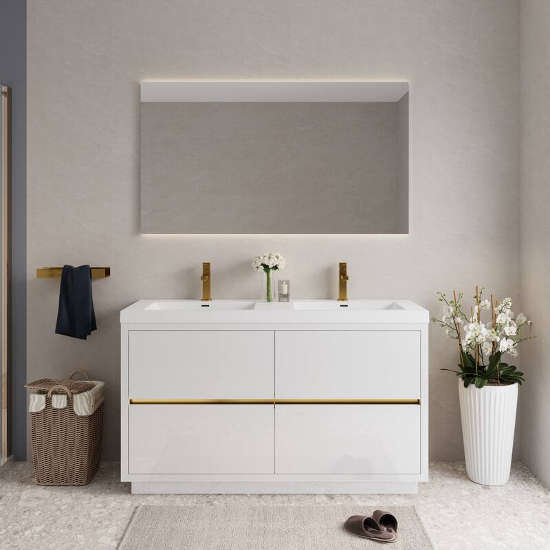 Freestanding Bathroom Vanity with White Stone Resin Top - Glossy White - 59.06'' x 19.69'' x 35.43''