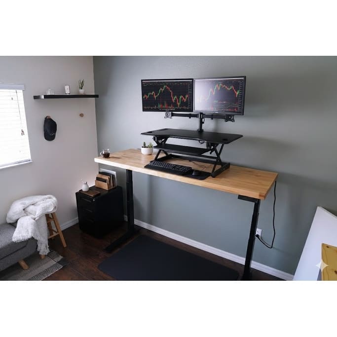 Rocelco 46 in. W Black Height Adjustable Standing Desk Converter with AC USB Charger, Double Monitor Arm and Triple Screen Riser