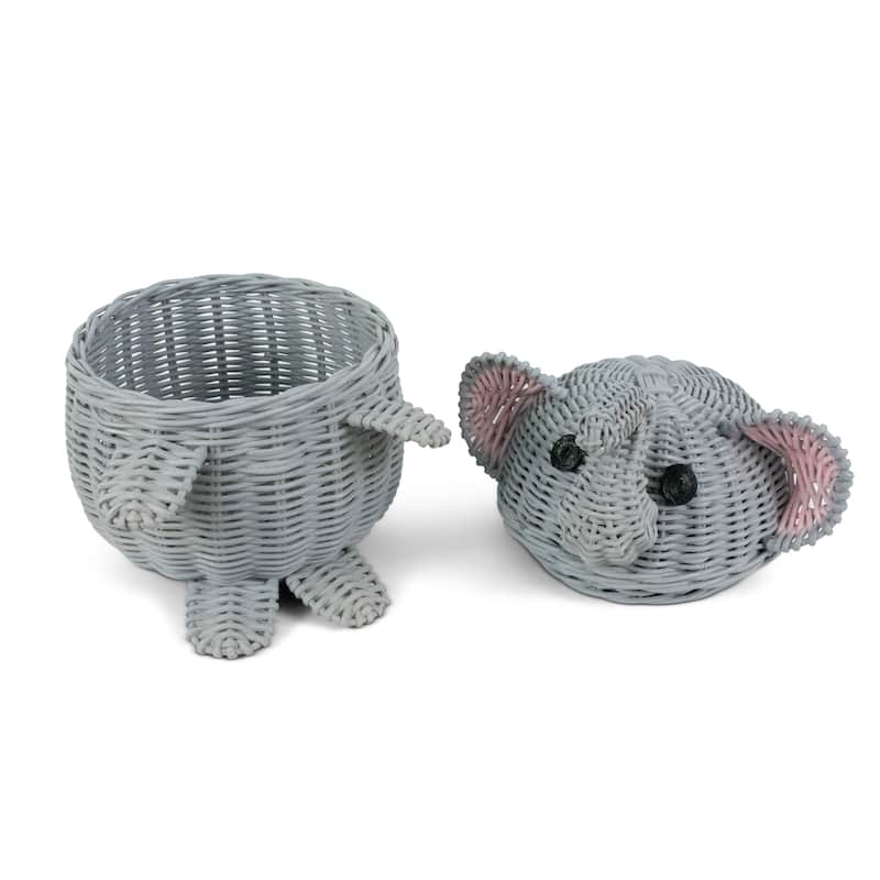 Gray Elephant Rattan Storage Basket With Lid Hand Woven Shelf Organizer Cute Handmade Gift Wicker