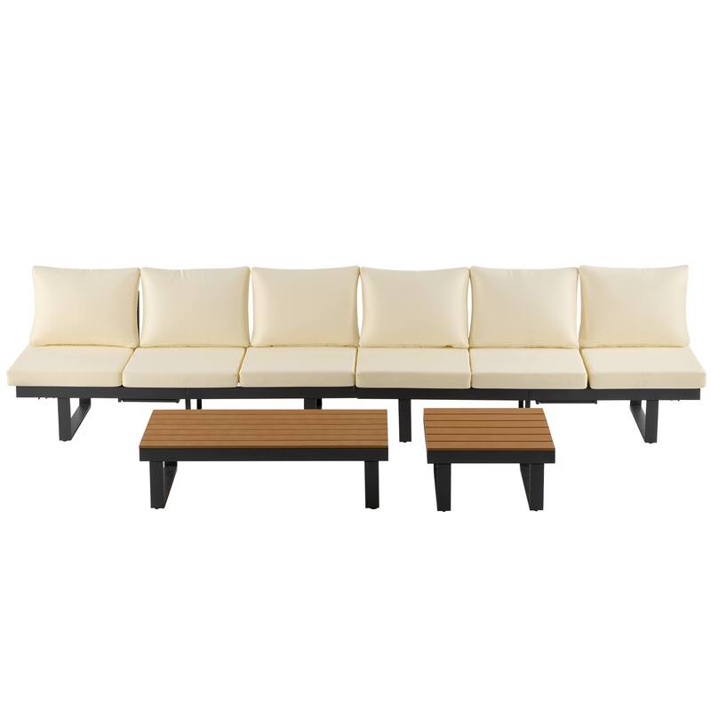Outdoor Patio Conversation Sofa Set L-shape Sectional Sofa Set with Adjustable Reclining Seats, Coffee Table, Side Table