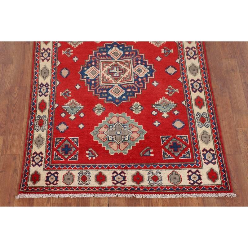 Red Kazak Accent Rug Handmade Geometric Wool Carpet - 3'2" x 4'11"
