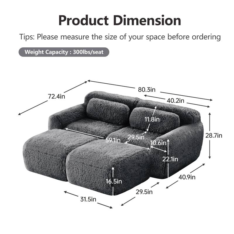 80" Floor Loveseat Modular Sectional Sofa, Plush Fabric Boneless Couch Set with 2 Ottoman
