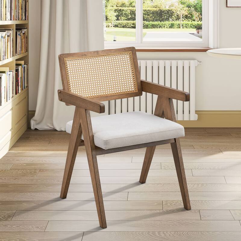 Wooden Dining Chairs Set of 2, Rattan Upholstered Kitchen Side Chair, Accent Dining Chair with Arms and Backrest