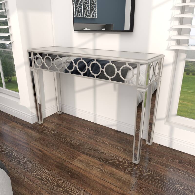 Silver Glass Mirrored Geometric Console Table with Circular Panel Inlay