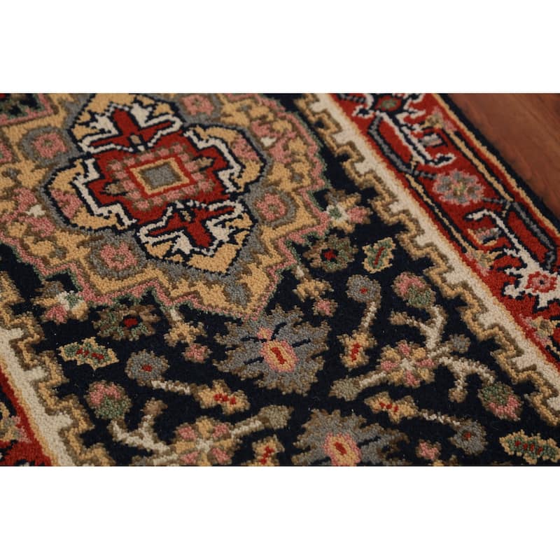 Dark Navy Blue Heriz Serapi Indian Runner Rug Handmade Wool Carpet - 2'3"x 8'3"