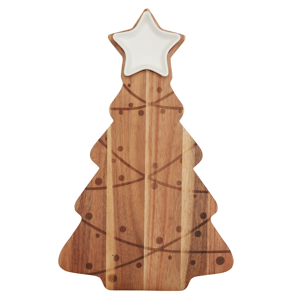 Tabletops Gallery Set of 2 Christmas Tree Acacia Wood Serving Board with Ceramic Bowl