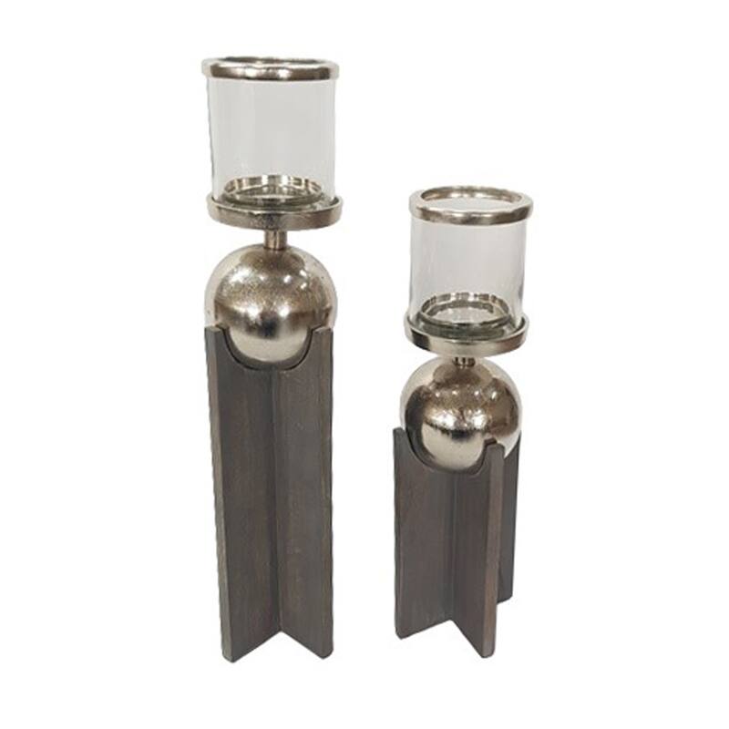 Candle Holders Set of 2 - Gray Wood Metal Sphere, 15/19" - 19.0"