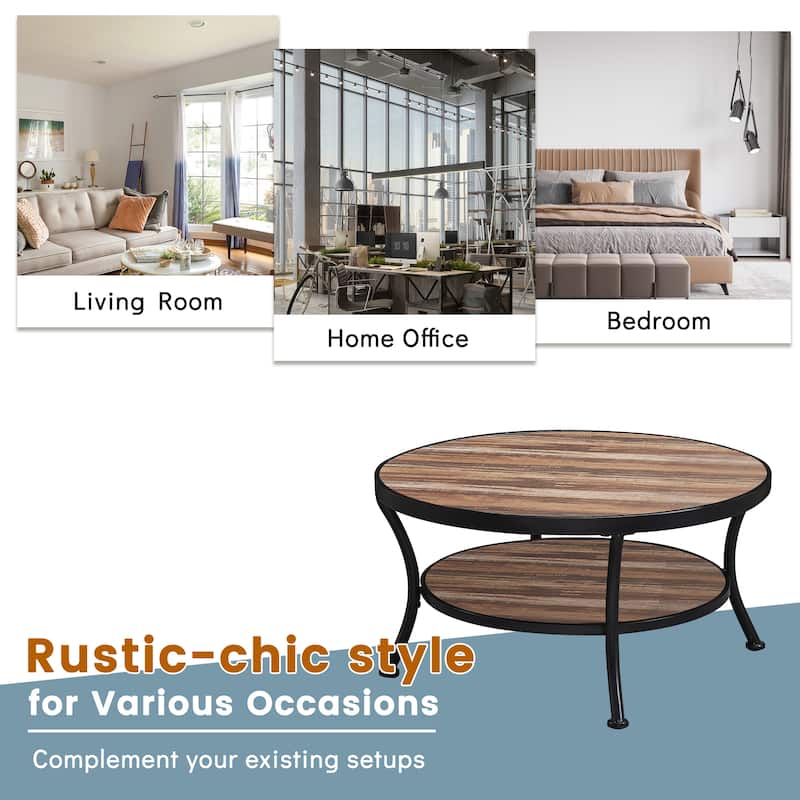 Myhozm Industrial Round Metal Coffee Table with Shelf for Living Room,Home Office and Bedroom