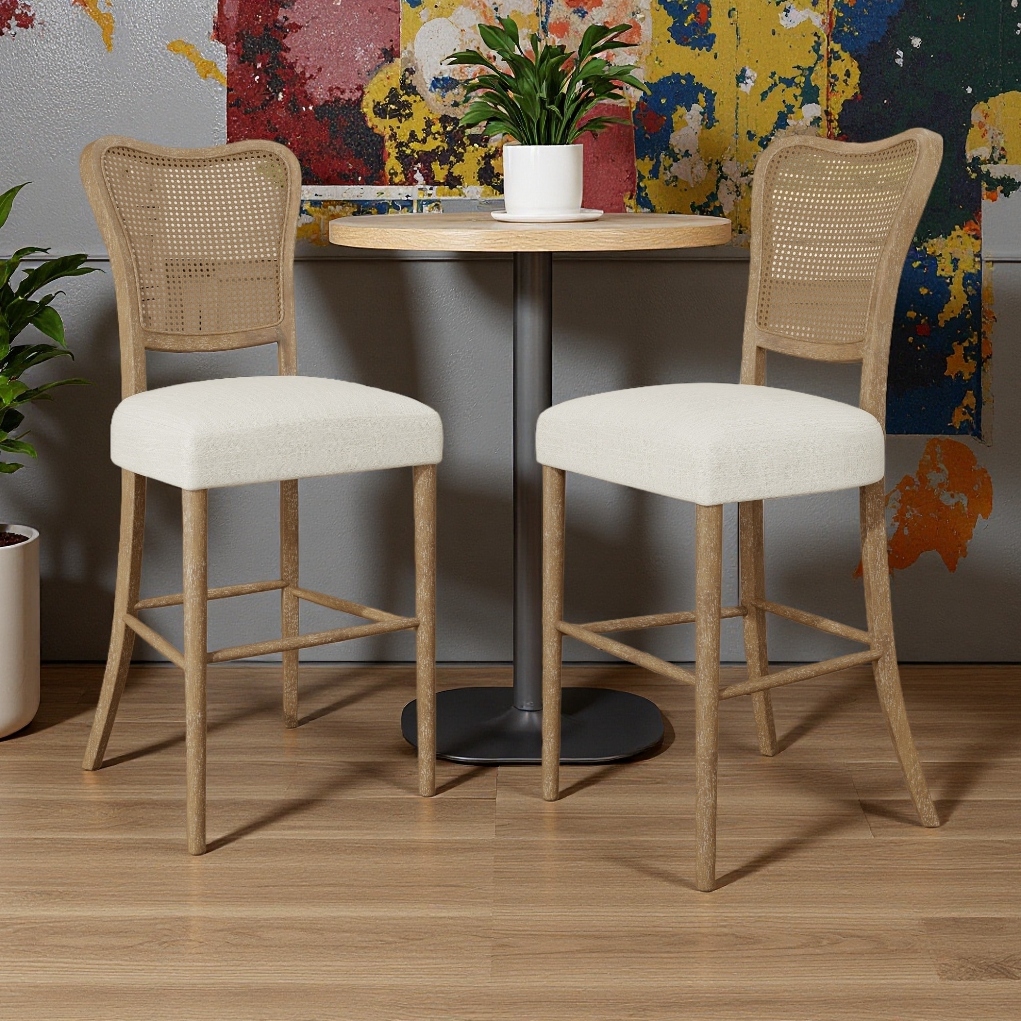 46"H Set of 2 Vintage Upholstered Fabric & Cane Bar Stools with Rubberwood Frame -Classic Retro Design