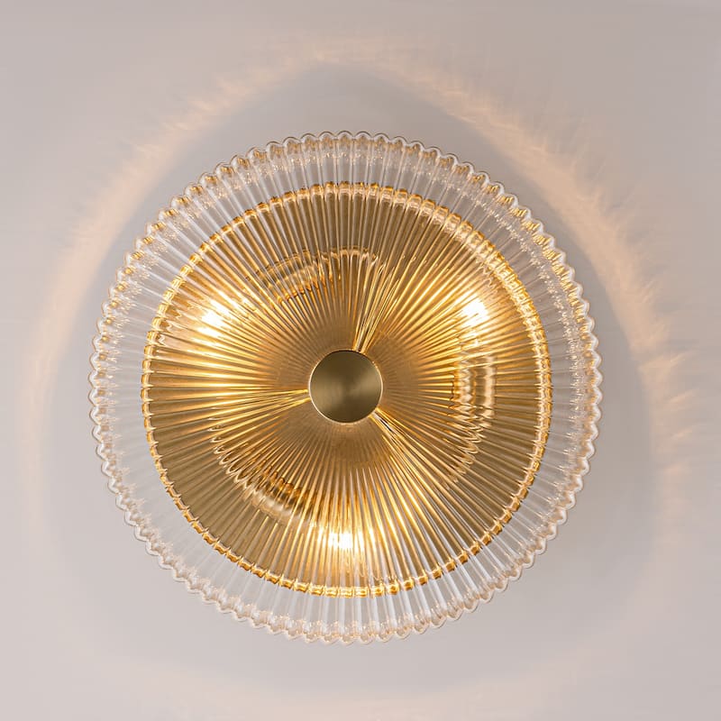 3-Light Modern Gold Dome Semi Flush Mount Lights with Ribbed Glass Shape - Brass