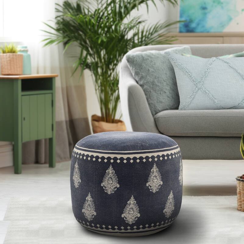 18" Blue Cotton Cylinder Paisley Pouf Ottoman for Footrest and Seating
