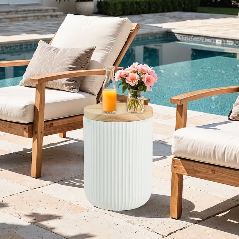 EROMMY Outdoor Side Table with Storage, Round Accent Table for Indoor and Outdoor Use, Rustic Side Table with Storage