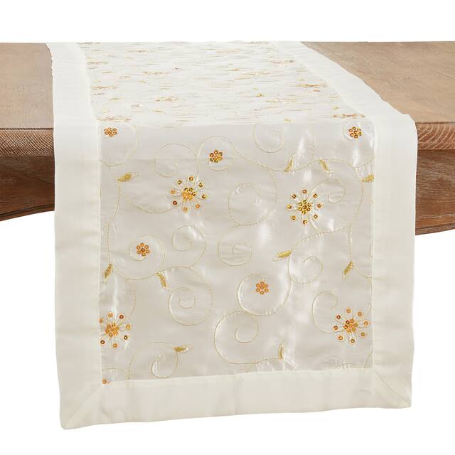 Embroidered Table Runner With Sequined Design - 16"x90" - Ivory