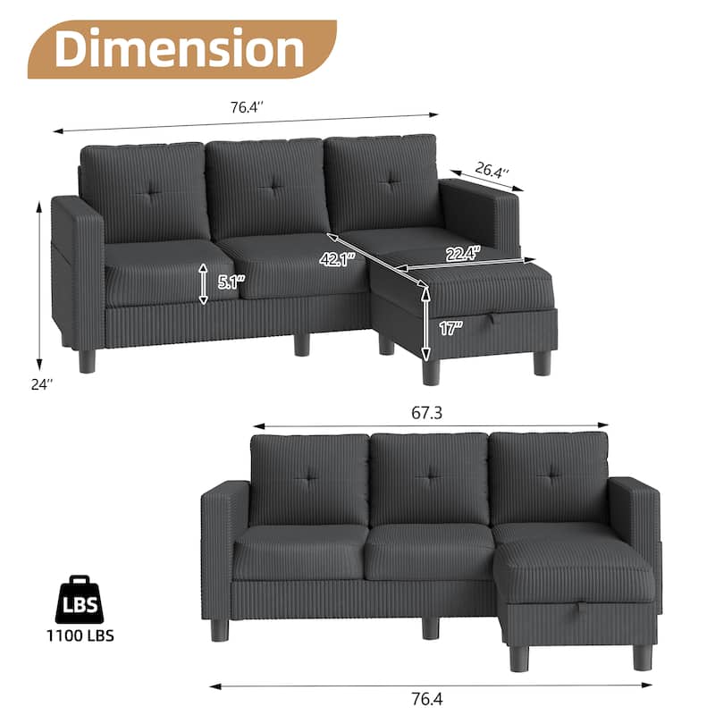 Futzca Modern Living Room Sofa Couch with Movable Ottoman & Extra Storage