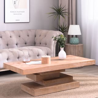 Modern Rectangular Coffee Table with Block Pedestal Base, Rustic Center Table Natural Finish Accent Table for Living Room