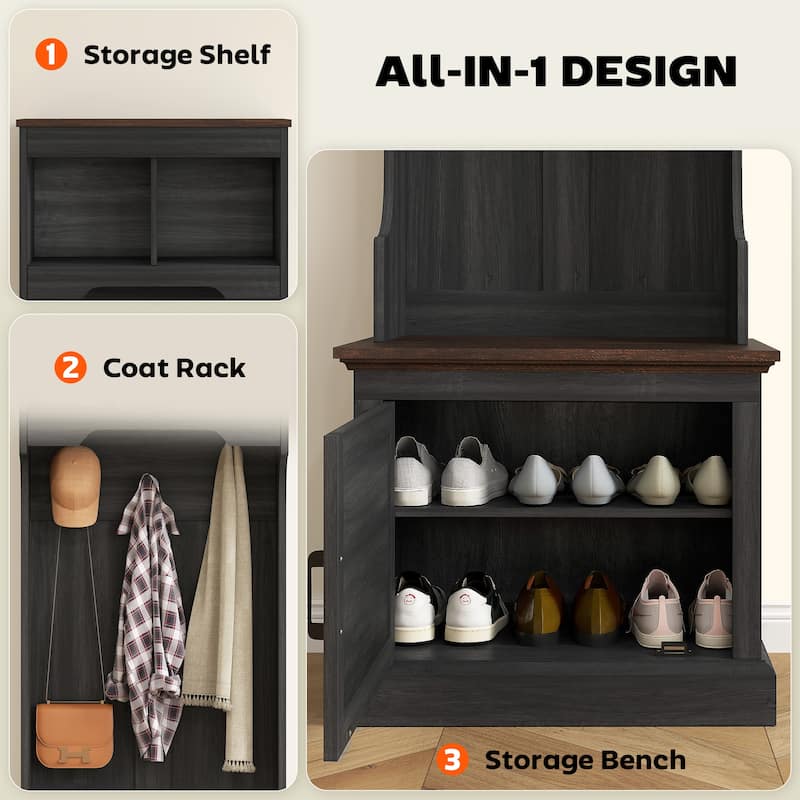 Multi-Functional Hall Tree with Bench Coat Rack Shoe Storage and Top Storage Compartments - 23.1" W x 15.7" D x 70.9" H
