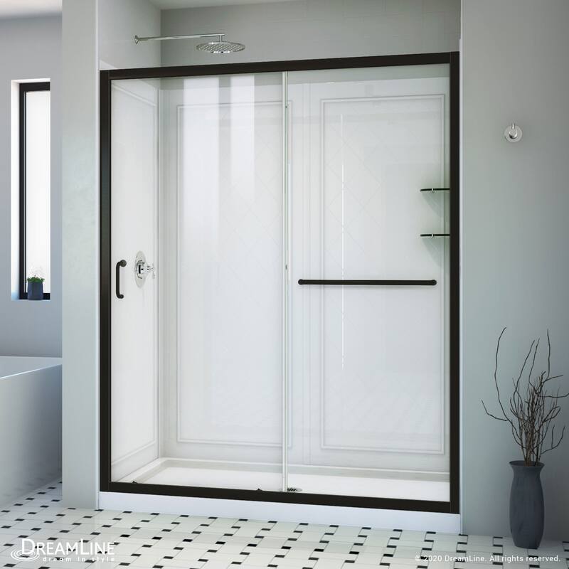 DreamLine Infinity-Z 36 in. D x 60 in. W x 76 3/4 in. H Sliding Shower Door, Shower Base and Backwall Kit - 36" x 60" - Satin Black Clear Glass Left Drain