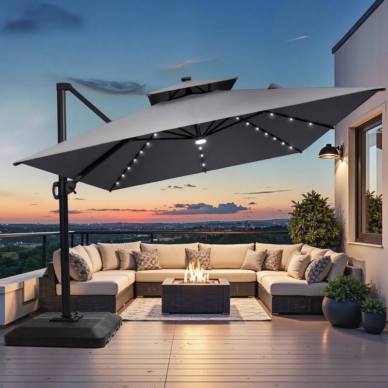 10 X 13 FT Outdoor Patio Cantilever Umbrella with Solar Lights 4-Piece Premium Base Double Canopy 360 Rotation Tilt - DarkGrey