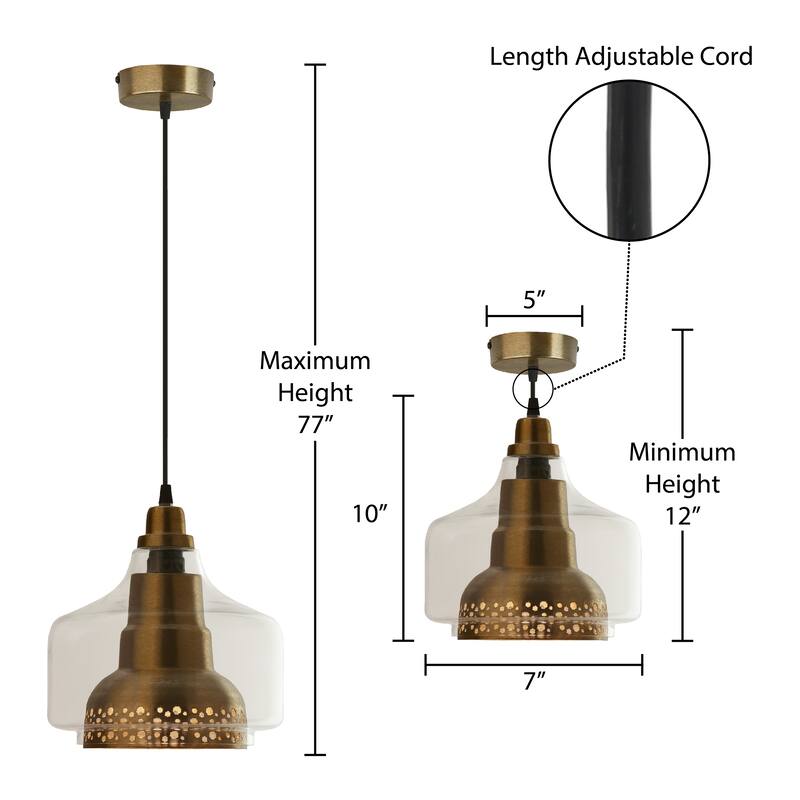 Lydia River of Goods Brushed Brass Bell-Shaped Pendant Light with Clear Glass Shade - 7" x 7" x 12/77"