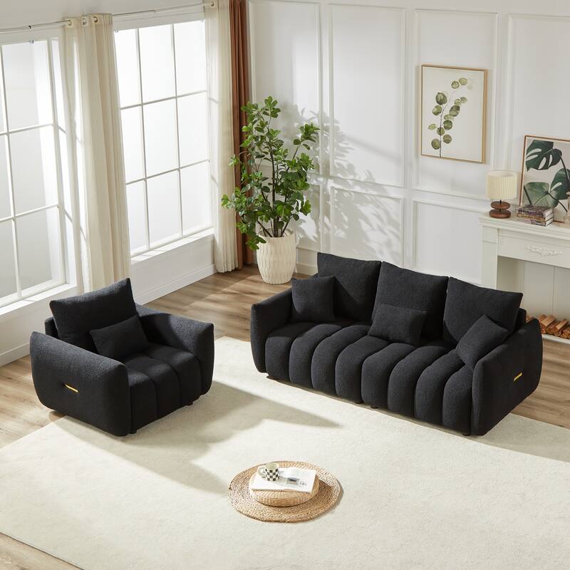 Deep Seat Single Sofa Armchair & Teddy 3 Seater Couch Combo Set - Black