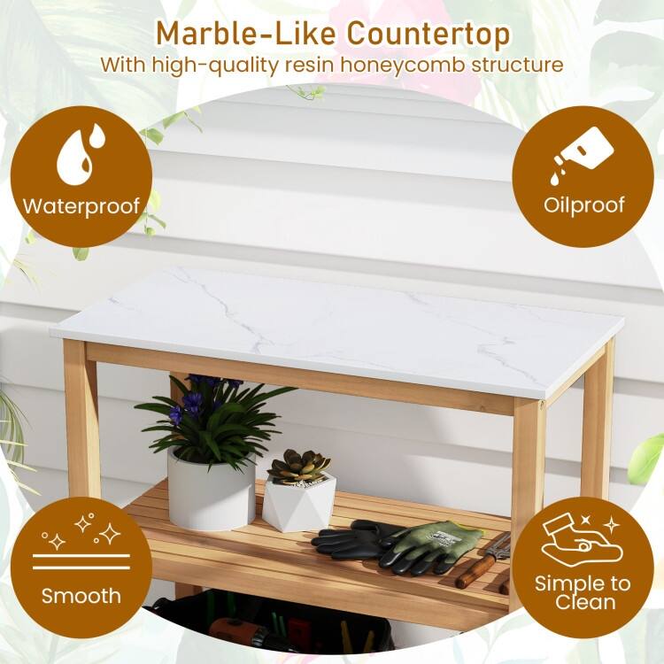 Natural and White Acacia Wood Resin Potting Bench with 3 Tier Storage Waterproof Countertop - 32" x 16" x 36"