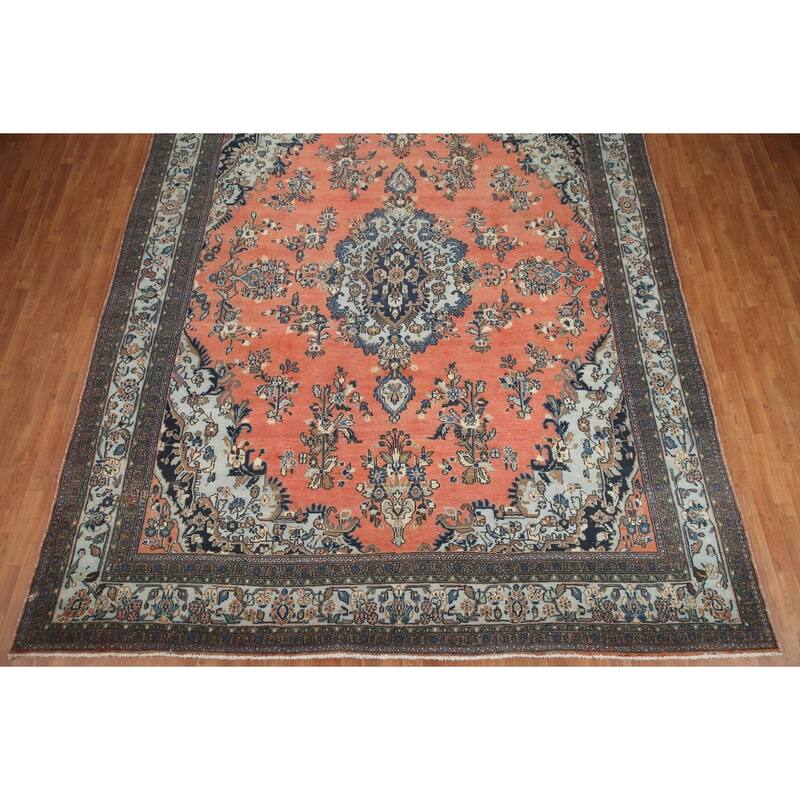 Hand Knotted Oriental 100% Wool Carpet Traditional Floral Coral Hamedan Area Rug - 13' 1'' X 10' 3''