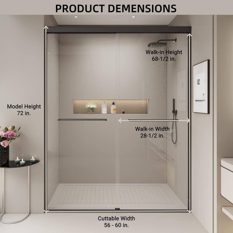 ABRUZZO 56-60" W x 72" H Semi-Frameless Double Sliding Tempered Glass Shower Door with Dual Towel Bars